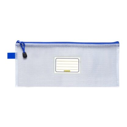 Osmer 340mm x 150mm Pencil Case with blue zip in a reinforced clear mesh M3415B with name pocke