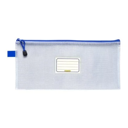 Osmer 340mm x 170mm Pencil Case with blue zip in a reinforced clear mesh M3417B with name pocket