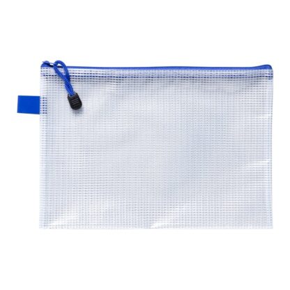 Osmer A5 Pencil Case in a reinforced clear mesh MA4A with blue colour zips