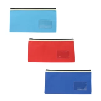 3 Osmer 350mm x 180mm 1 Zip pencil cases in light blue, red and dark blue spread out