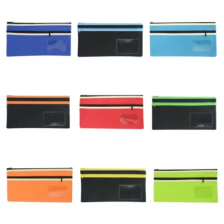 9 Osmer 350mm x 180mm 2 Zip pencil cases in assorted colours spread out