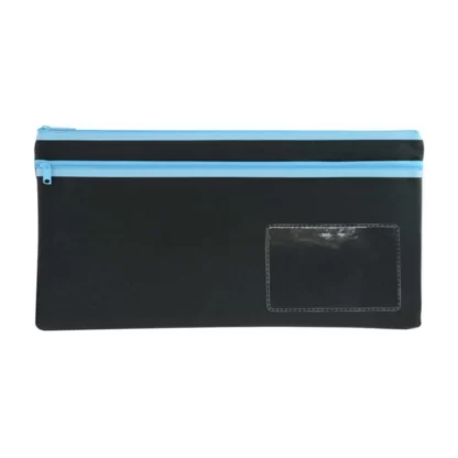 A black 350mm x 180mm pencil case with 2 Blue Zips OSMER brand pencil case
