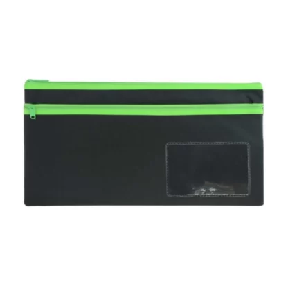 A black 350mm x 180mm pencil case with 2 Green Zips OSMER brand pencil case