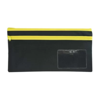 A black 350mm x 180mm pencil case with 2 Yellow Zips OSMER brand pencil case