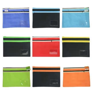 9 Osmer 350mm x 260mm 2 Zip pencil cases in assorted colours spread out