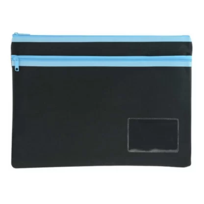 A black 350mm x 260mm pencil case with 2 Blue Zips OSMER brand pencil case