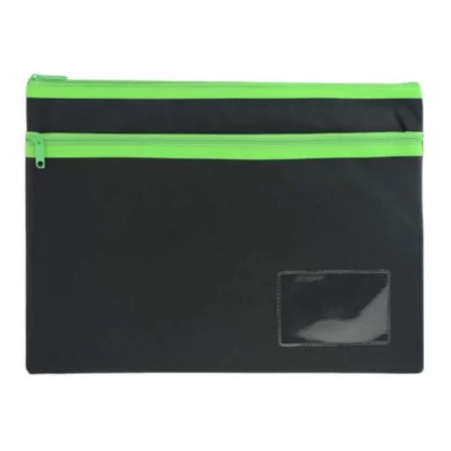 A black 350mm x 260mm pencil case with 2 green Zips OSMER brand pencil case