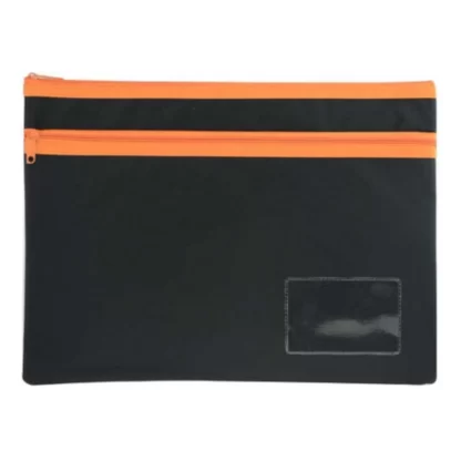 A black 350mm x 260mm pencil case with 2 Orange Zips OSMER brand pencil case