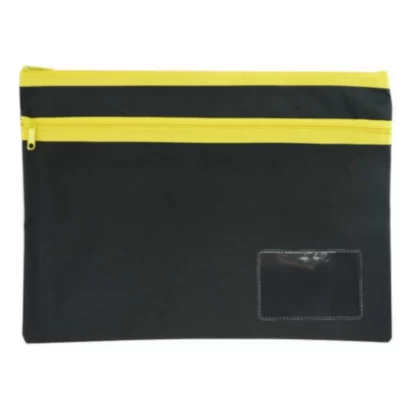 A black 350mm x 260mm pencil case with 2 Yellow Zips OSMER brand pencil case