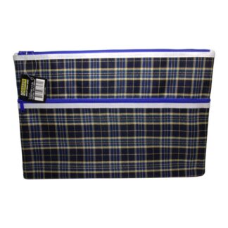 Large 375 x 260mm Osmer dark blue with yellow tartan print pencil case with two blue zips