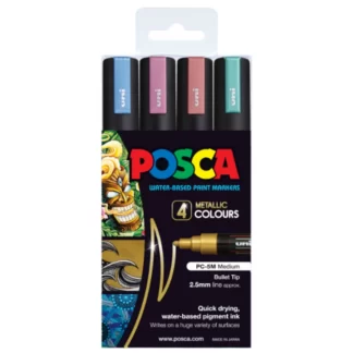 Pack of 4 metallic uni-ball paint markers standing upright in clear pack