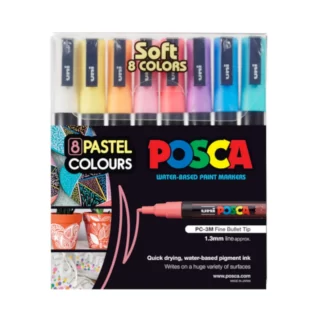 Pack of 8 pastel uni-ball paint markers standing upright in clear pack