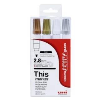 Bronze gold white and silver uni-paint shiny paint markers standing upright in clear pack