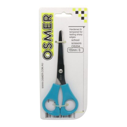 Blue handle Osmer Brand 155mm 6 inch Stainless Steel School Scissors OS204 on hang sell blister card