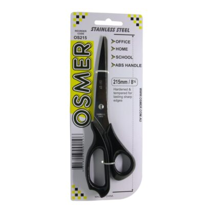 Black handle Osmer Brand 215mm 8.5 inch Stainless Steel Scissors OS215 on hang sell blister card