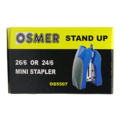 Osmer Brand Mini Black stand up stapler with Cushion Top, Metal Stapler remover on back and storage underneath front of box
