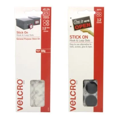 Velcro Brand White and Black Hook and Loop Stick On Dots Front of Both Hang Sell Packets of 12