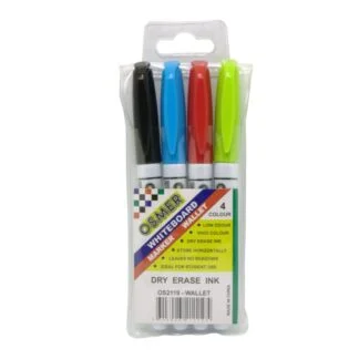 Osmer Brand 4 colour fine whiteboard markers in clear wallet