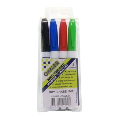 Osmer Brand Pack of 4 Whiteboard Markers in Assorted Colours in Plastic Case Front View