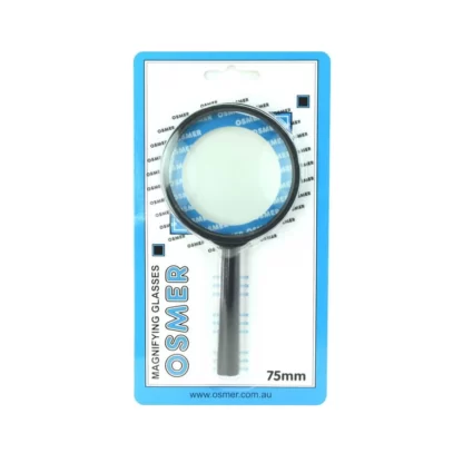 Osmer Brand 75mm black magnifying glass on white cardboard