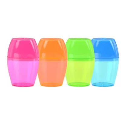 4 Osmer single drum barrel pencil sharpeners in a line in pink, orange, green and blue