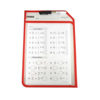 A transparent sleeve with red trims plastic with a math sums worksheet inserted to demonstrate reuse